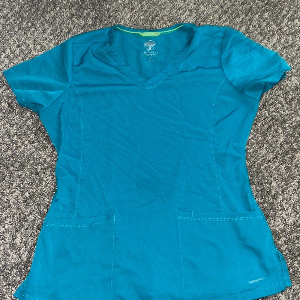 Turquoise scrub top healing hands brand